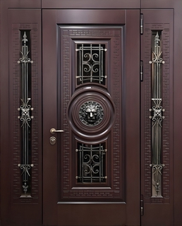 Парадная входная группа с терморазрывом, стеклом, ковкой и чеканкой «лев» (МДФ)