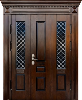 Парадная полуторная термодверь с карнизом и панелями МДФ шпон (ковка + остекление)