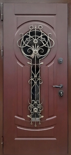 Металлическая термодверь с накладной кованой решеткой и стеклом (отделка МДФ) Металлическая термодверь с накладной кованой решеткой и стеклом (отделка МДФ)