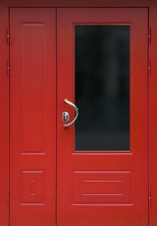 Полуторастворчатая остекленная термодверь с офисной ручкой-скобой и красными панелями МДФ RAL Полуторастворчатая остекленная термодверь с офисной ручкой-скобой и красными панелями МДФ RAL