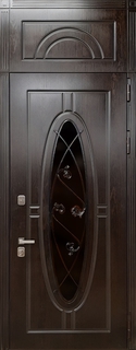 Входная термодверь МДФ с верхней вставкой, овальным стеклом и ковкой Входная термодверь МДФ с верхней вставкой, овальным стеклом и ковкой