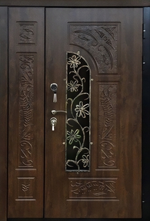 Стальная однопольная термодверь МДФ с глухой боковой вставкой, стеклом и ковкой Стальная однопольная термодверь МДФ с глухой боковой вставкой, стеклом и ковкой