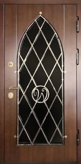 Стальная термодверь с фигурным стеклопакетом и авторской ковкой с монограммой (МДФ шпон) Стальная термодверь с фигурным стеклопакетом и авторской ковкой с монограммой (МДФ шпон)