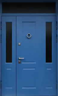 Полуторная остекленная термодверь с кнокером (синие панели МДФ RAL) Полуторная остекленная термодверь с кнокером (синие панели МДФ RAL)