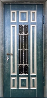 Входная термодверь с ковкой и стеклом (отделка – зеленый МДФ RAL с патиной) Входная термодверь с ковкой и стеклом (отделка – зеленый МДФ RAL с патиной)