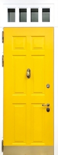 Металлическая термодверь с фрамугой, стукалкой и отбойником (МДФ с бело-жёлтым окрашиванием) Металлическая термодверь с фрамугой, стукалкой и отбойником (МДФ с бело-жёлтым окрашиванием)