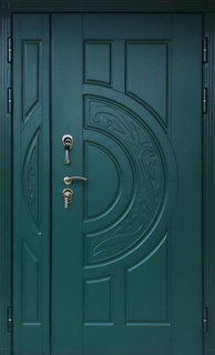Стальная полуторная термодверь с панелями МДФ RAL зеленого цвета Стальная полуторная термодверь с панелями МДФ RAL зеленого цвета