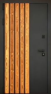 Металлическая термодверь с порошковой покраской и вертикальными рейками МДФ Металлическая термодверь с порошковой покраской и вертикальными рейками МДФ