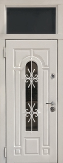 Стальная термодверь с остекленной верхней вставкой и белой кованой решеткой (МДФ RAL) Стальная термодверь с остекленной верхней вставкой и белой кованой решеткой (МДФ RAL)