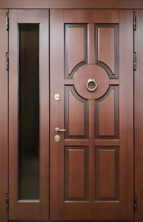 Стальная полуторная термодверь со стеклом сбоку и кнокером (МДФ шпон) Стальная полуторная термодверь со стеклом сбоку и кнокером (МДФ шпон)