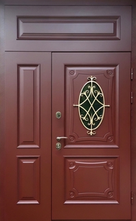 Входная нестандартная термодверь с неподвижными вставками, овальным стеклом и ковкой (МДФ с багетом) Входная нестандартная термодверь с неподвижными вставками, овальным стеклом и ковкой (МДФ с багетом)