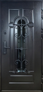 Стальная термодверь со стеклопакетом, накладной ковкой и электронным замком (темные панели МДФ со шпоном) Стальная термодверь со стеклопакетом, накладной ковкой и электронным замком (темные панели МДФ со шпоном)