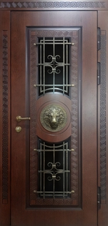 Входная утепленная дверь «терморазрыв» МДФ с чеканным декором «лев» (ковка + стекло) Входная утепленная дверь «терморазрыв» МДФ с чеканным декором «лев» (ковка + стекло)